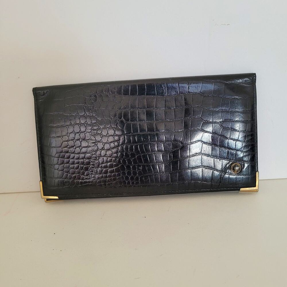 Vintage Dunhill W-Germany Black Embossed Leather Checkbook Wallet Gold Corners